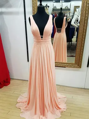 A Line V Neck Backless Pleated Pearl Pink/Navy Blue Chiffon Long Prom, Pink/Navy Blue Formal Graduation Evening