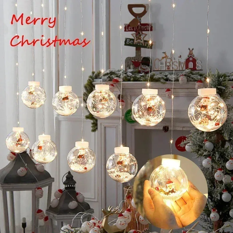 10PCS LED Christmas Curtain Lamp Fairy Snowman Wishing Ball Lamp String Christmas Window  Light Room Decoration