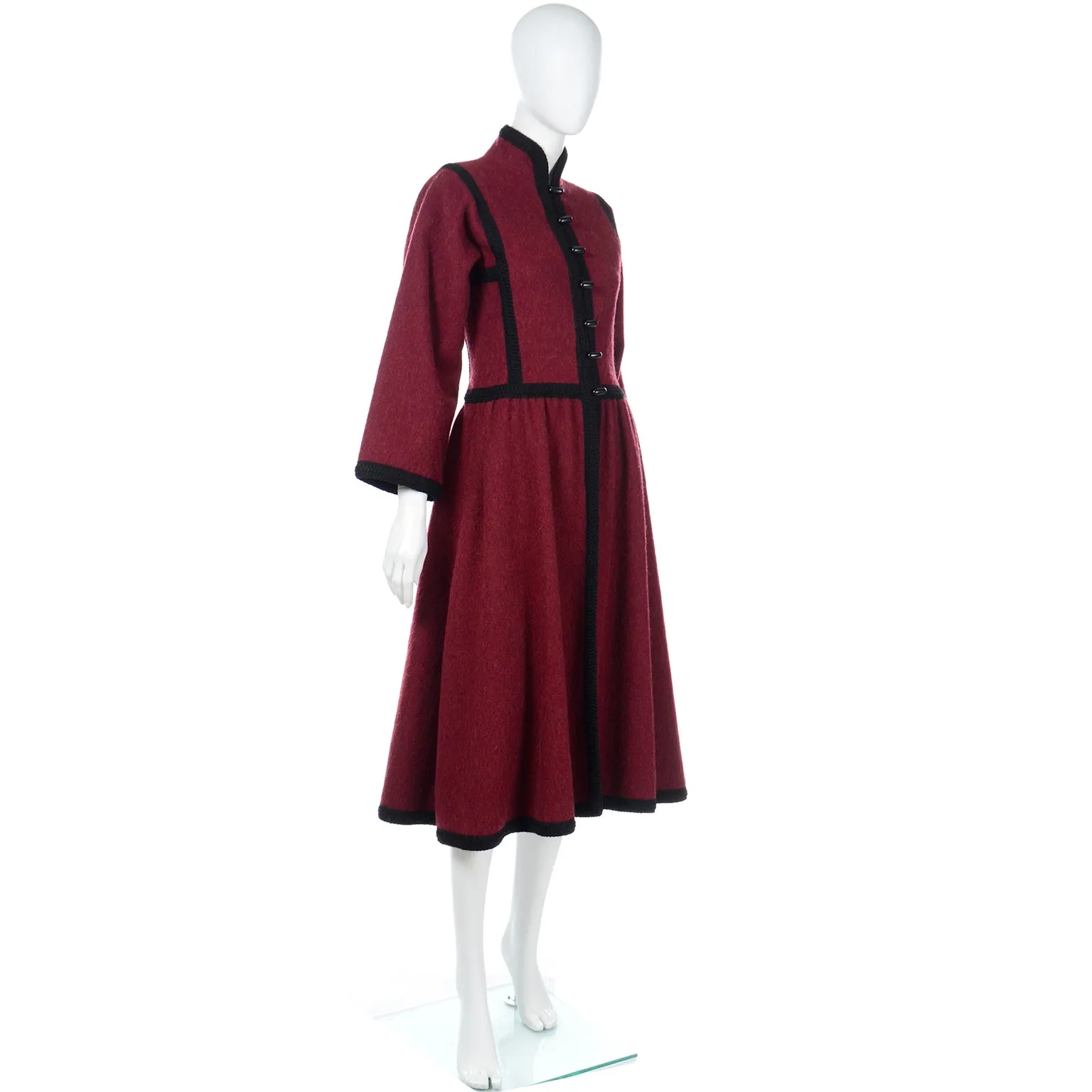 1976 Yves Saint Laurent Russian Burgundy Cossack Wool Coat w/ Black Braided Trim