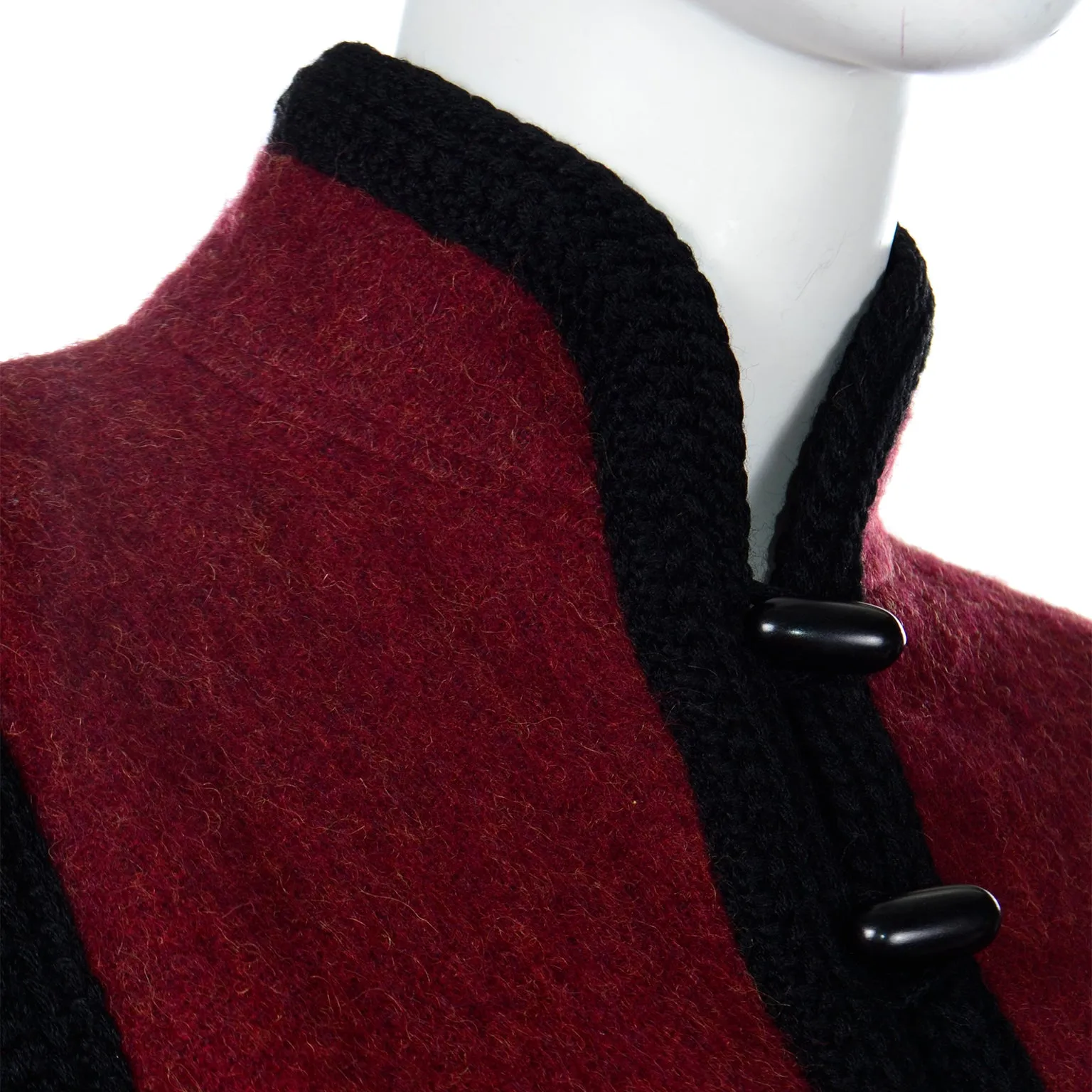 1976 Yves Saint Laurent Russian Burgundy Cossack Wool Coat w/ Black Braided Trim