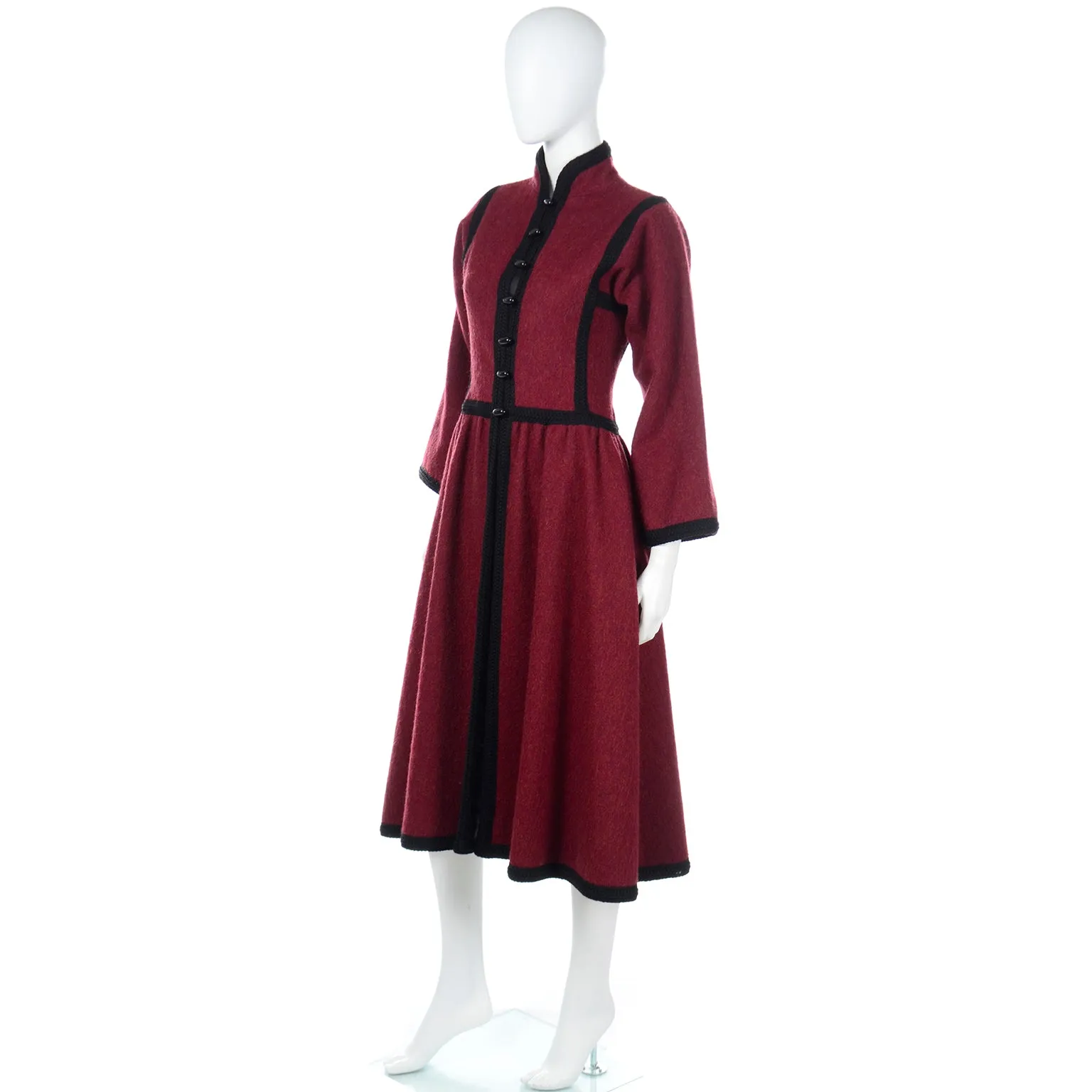 1976 Yves Saint Laurent Russian Burgundy Cossack Wool Coat w/ Black Braided Trim