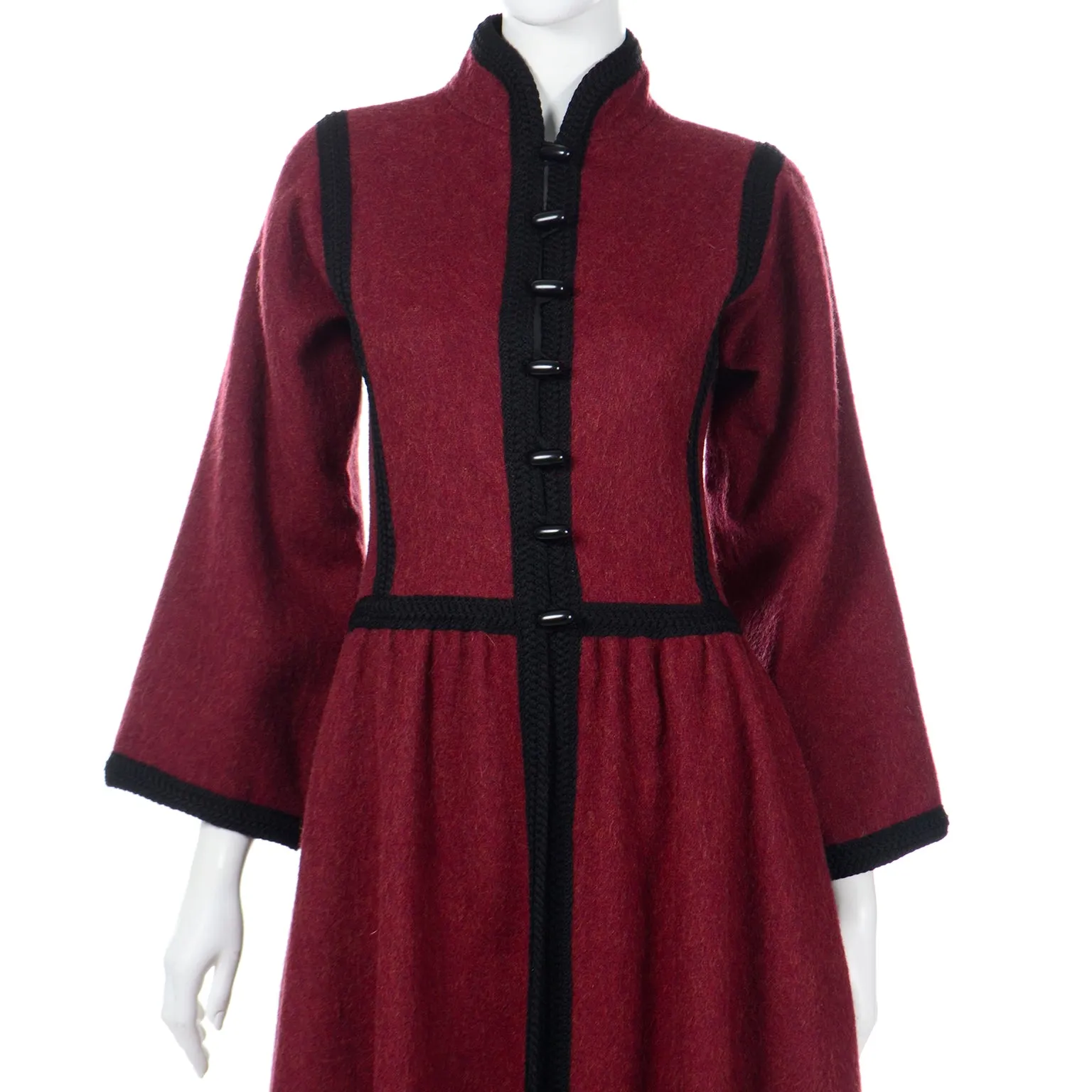 1976 Yves Saint Laurent Russian Burgundy Cossack Wool Coat w/ Black Braided Trim