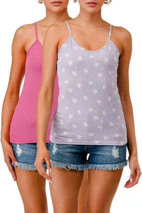 2-Pack Rib Knit Cami Tank Tops - Pink, Purple Floral