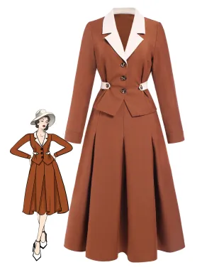 2PCS Brown 1940s Lapel Coat & Pleated Skirt