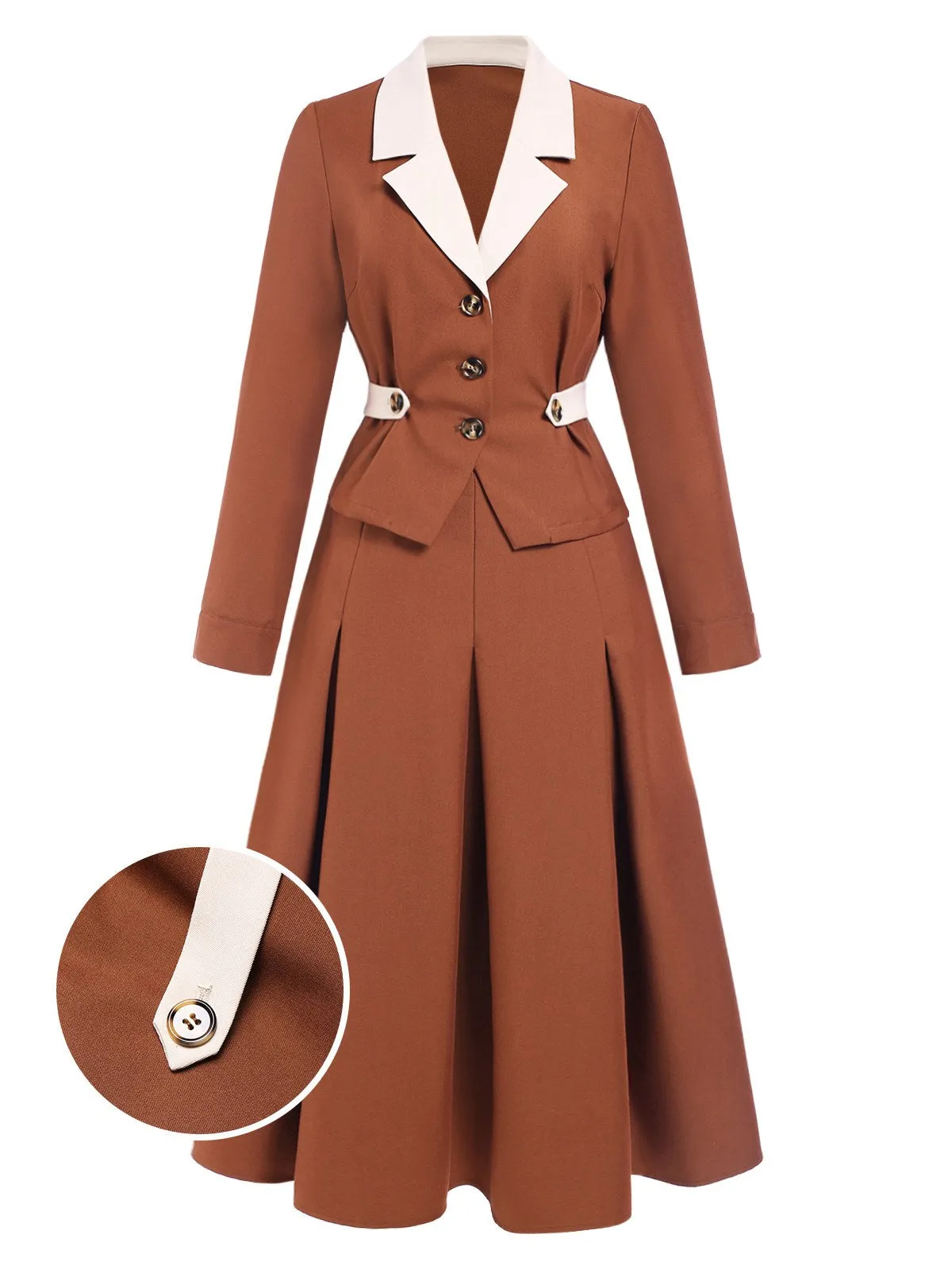 2PCS Brown 1940s Lapel Coat & Pleated Skirt