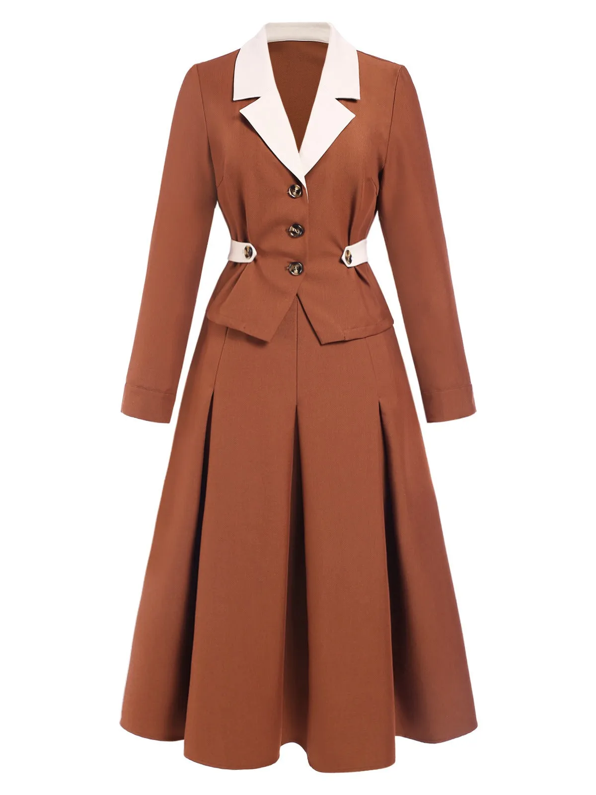 2PCS Brown 1940s Lapel Coat & Pleated Skirt