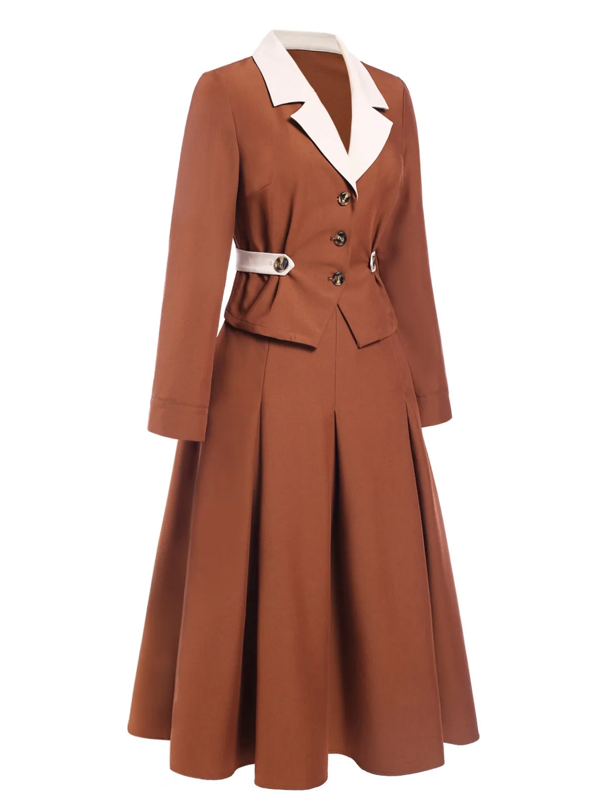 2PCS Brown 1940s Lapel Coat & Pleated Skirt