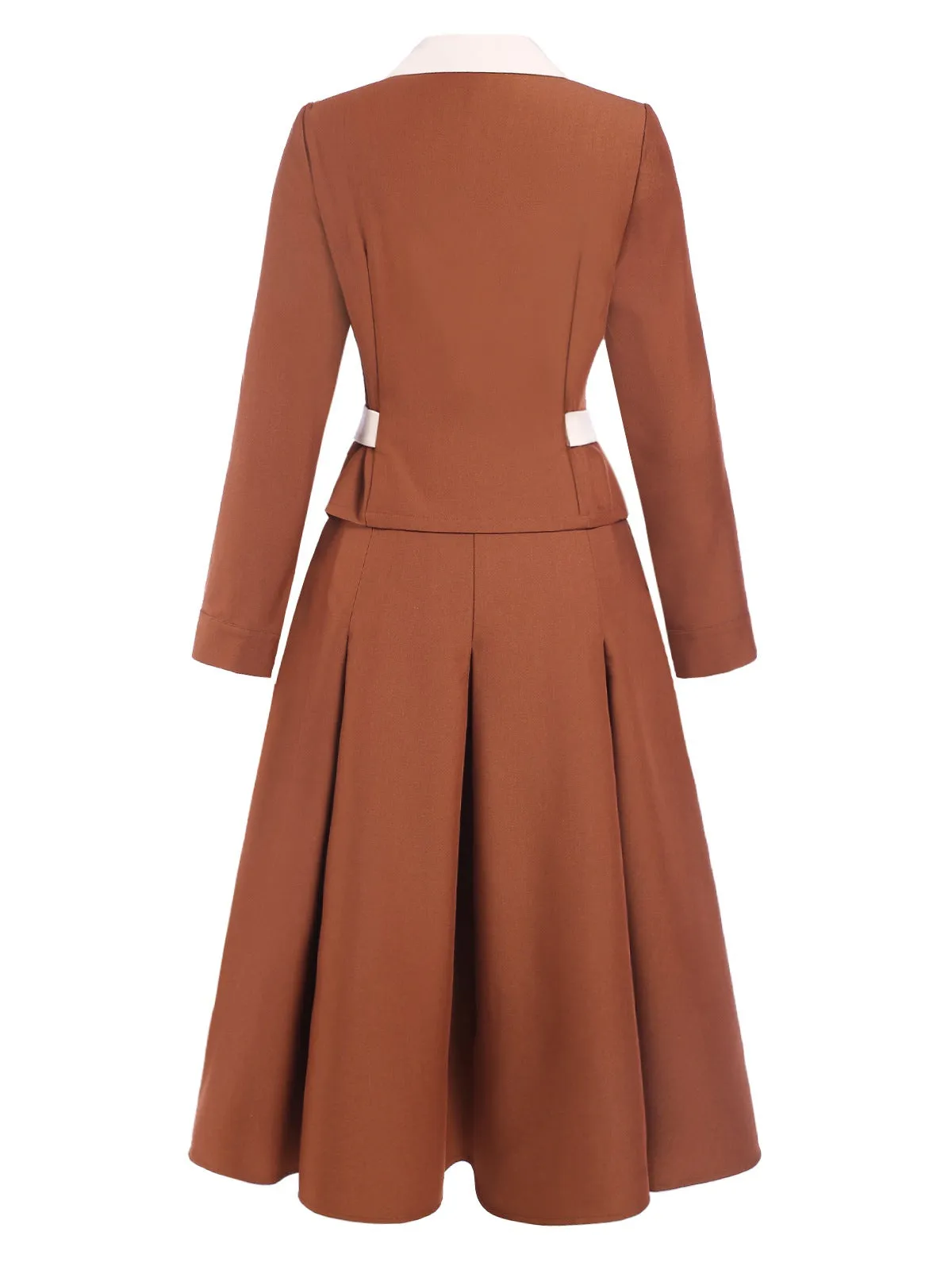 2PCS Brown 1940s Lapel Coat & Pleated Skirt