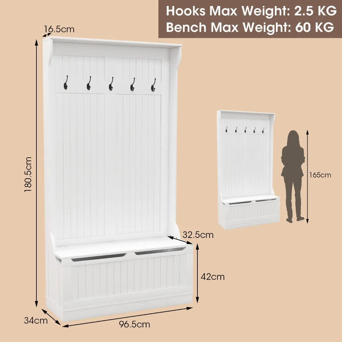 3-in-1 Hall Tree Storage Bench and Coat Rack with 5 Hooks and Cabinet-White