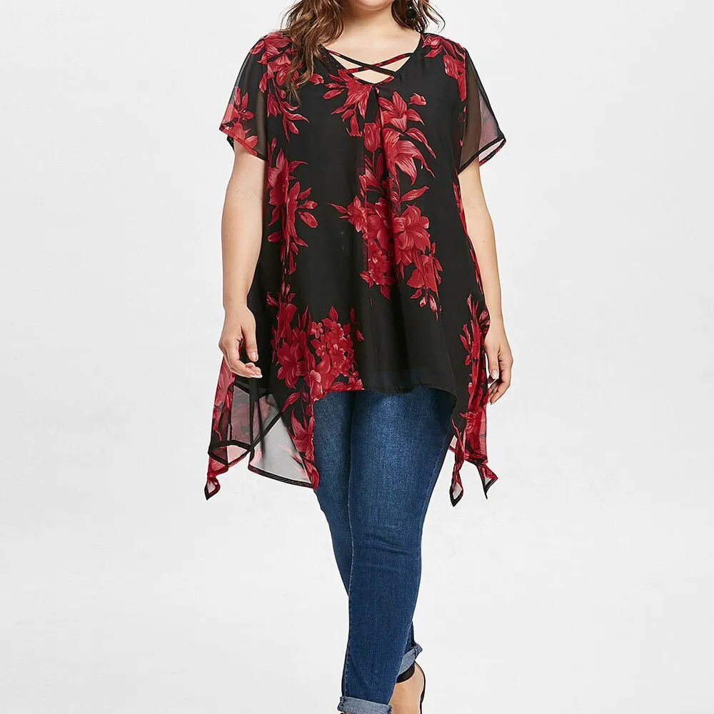 5xl Plus Size Chiffon Tunic Shirt Floral Printed Short Sleeve Tunic