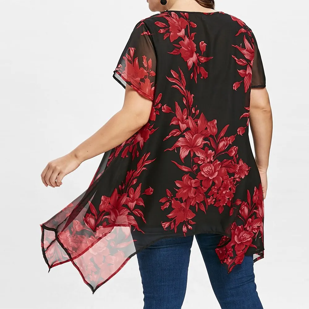 5xl Plus Size Chiffon Tunic Shirt Floral Printed Short Sleeve Tunic