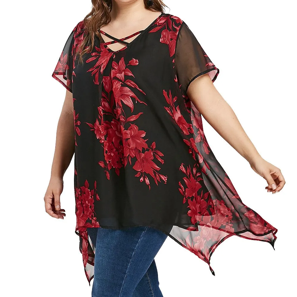 5xl Plus Size Chiffon Tunic Shirt Floral Printed Short Sleeve Tunic