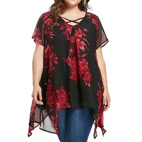 5xl Plus Size Chiffon Tunic Shirt Floral Printed Short Sleeve Tunic