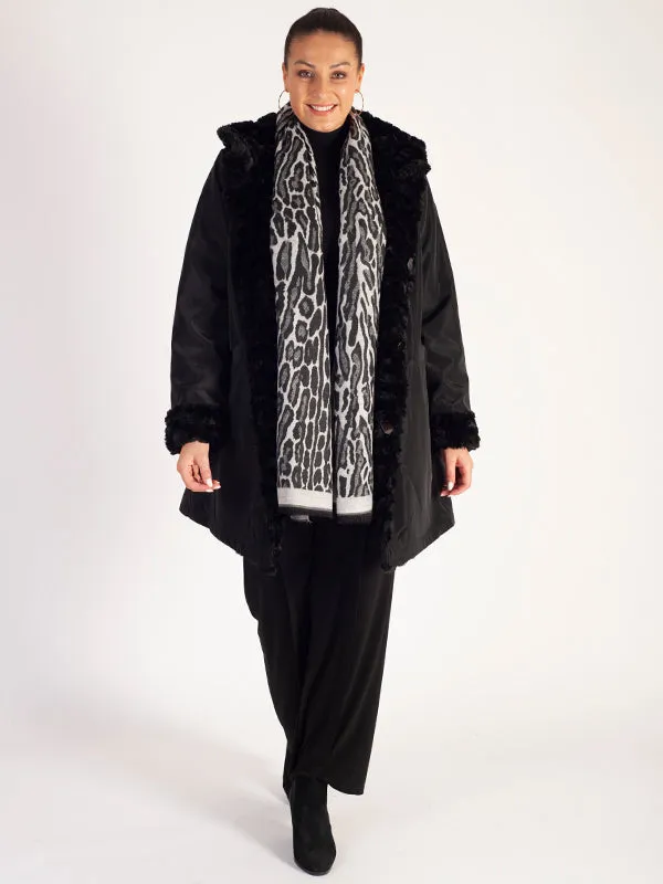 A Black Faux Fur Reversible Coat: Faux Fur on One Side, Raincoat on the Other