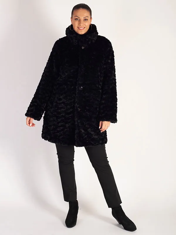 A Black Faux Fur Reversible Coat: Faux Fur on One Side, Raincoat on the Other