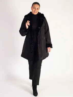 A Black Faux Fur Reversible Coat: Faux Fur on One Side, Raincoat on the Other