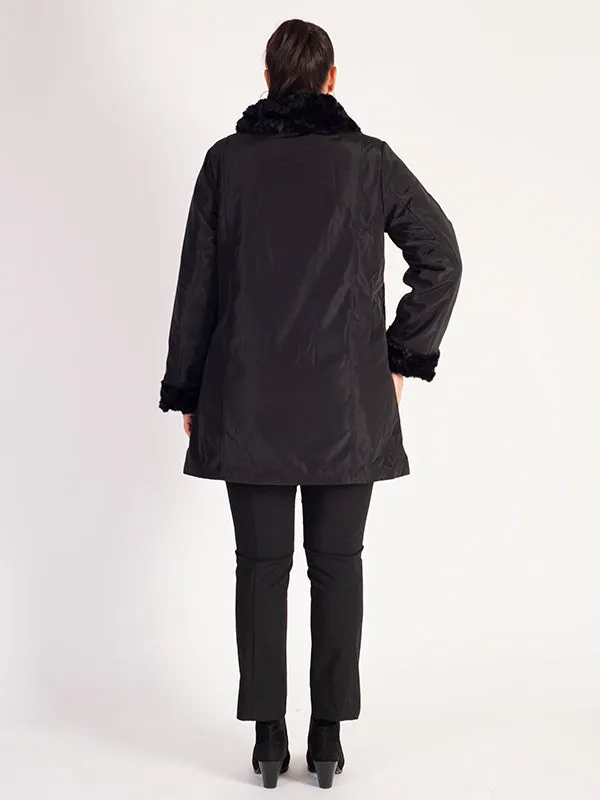 A Black Faux Fur Reversible Coat: Faux Fur on One Side, Raincoat on the Other