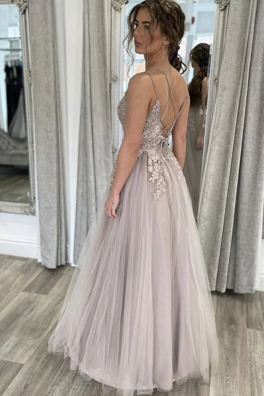 A Line Open Back Thin Strap Gray Lace Long Prom, Gray Lace Floral Formal Evening