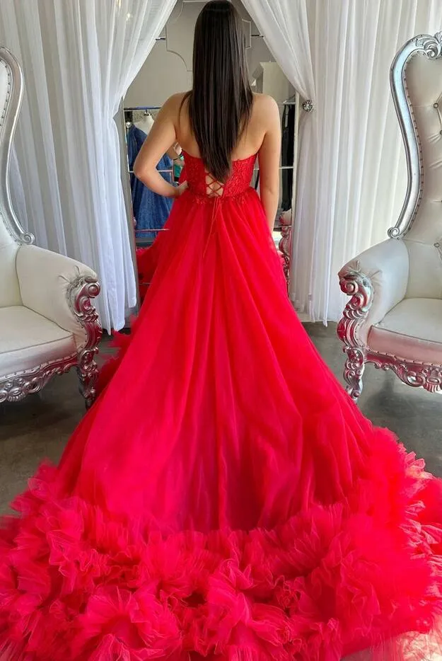 A-Line Red Sweetheart Corset Ruffle Prom Dress PC1303