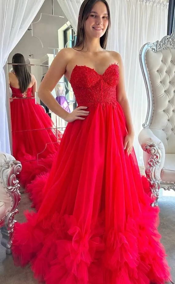 A-Line Red Sweetheart Corset Ruffle Prom Dress PC1303