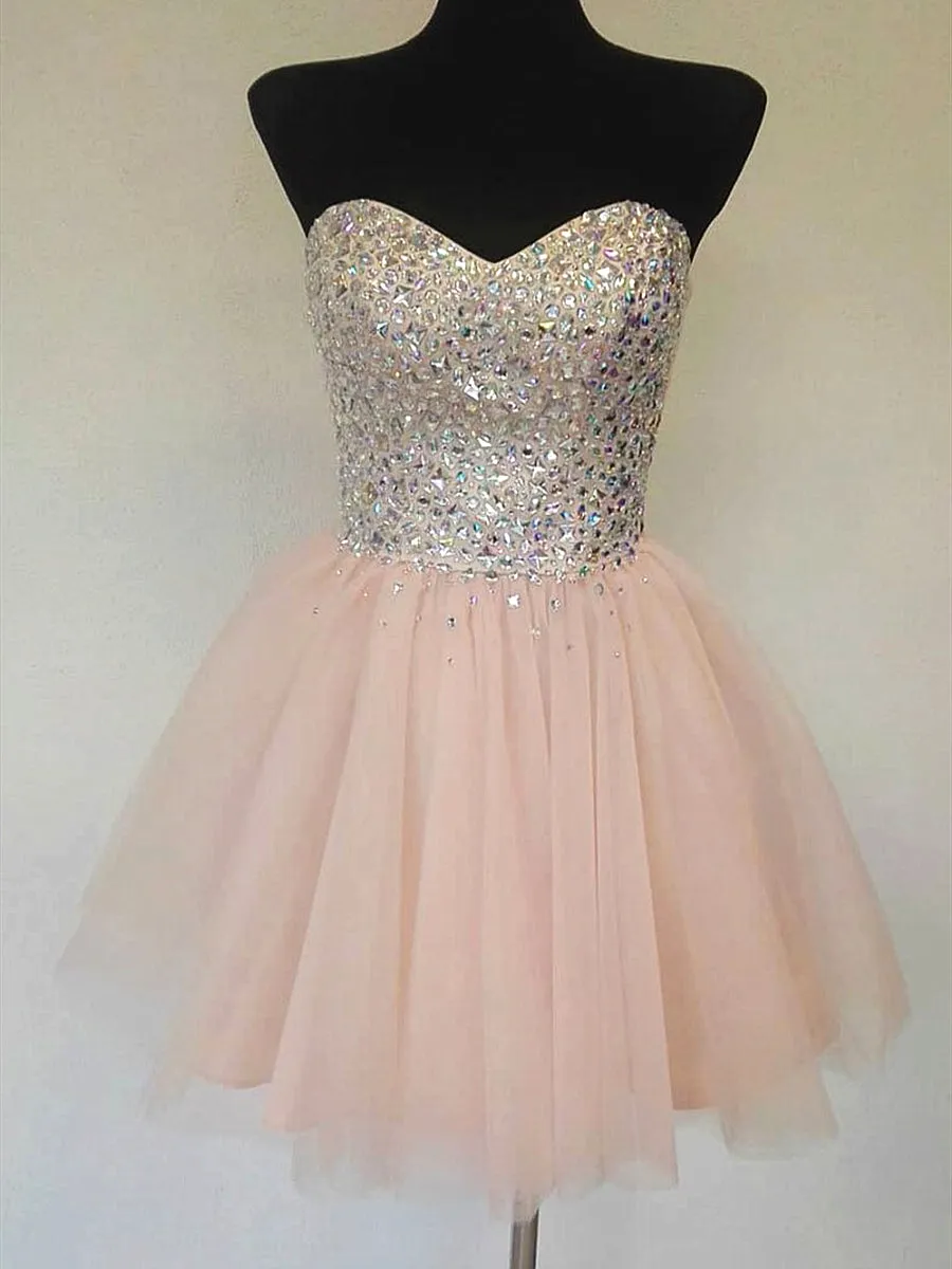 A Line Sweetheart Neck Sequins Pink Short Prom, Sequins Pink Homecoming, Pink Formal Graduation Evening