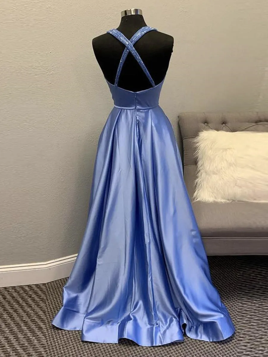 A Line V Neck Backless Blue Long Prom, Open Back Blue Formal Graduation Evening