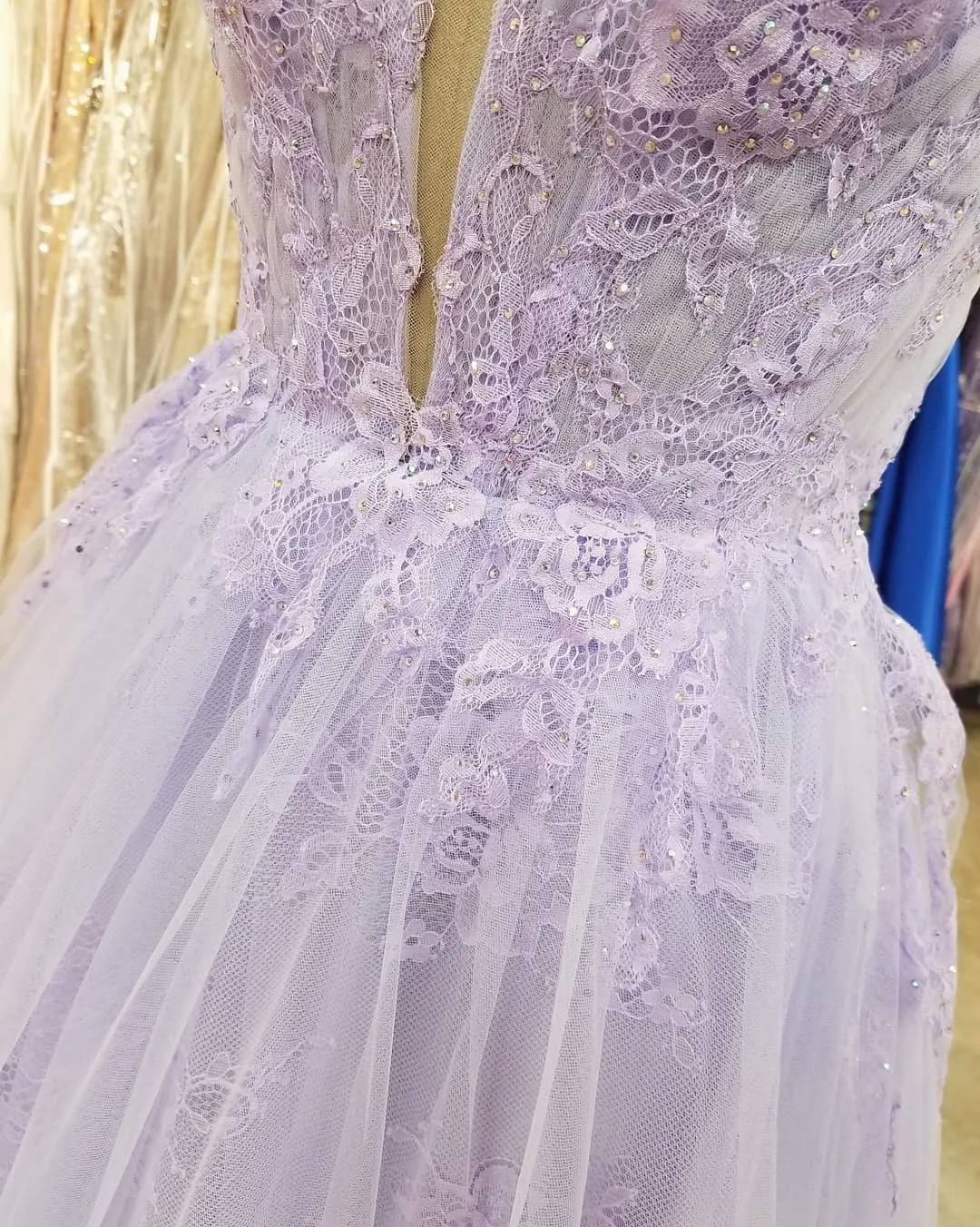 A Line V Neck Purple Lace Long Prom, Lilac Lace Long Formal Evening