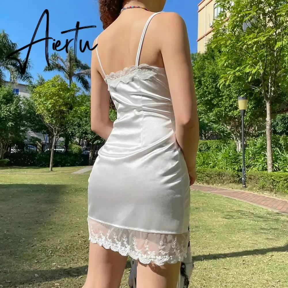 Aiertu Floral Printed Sleeveless Spaghetti Strap Dress Summer White A Line Short Dresses Ladies Ruched Tie Up Casual Dress