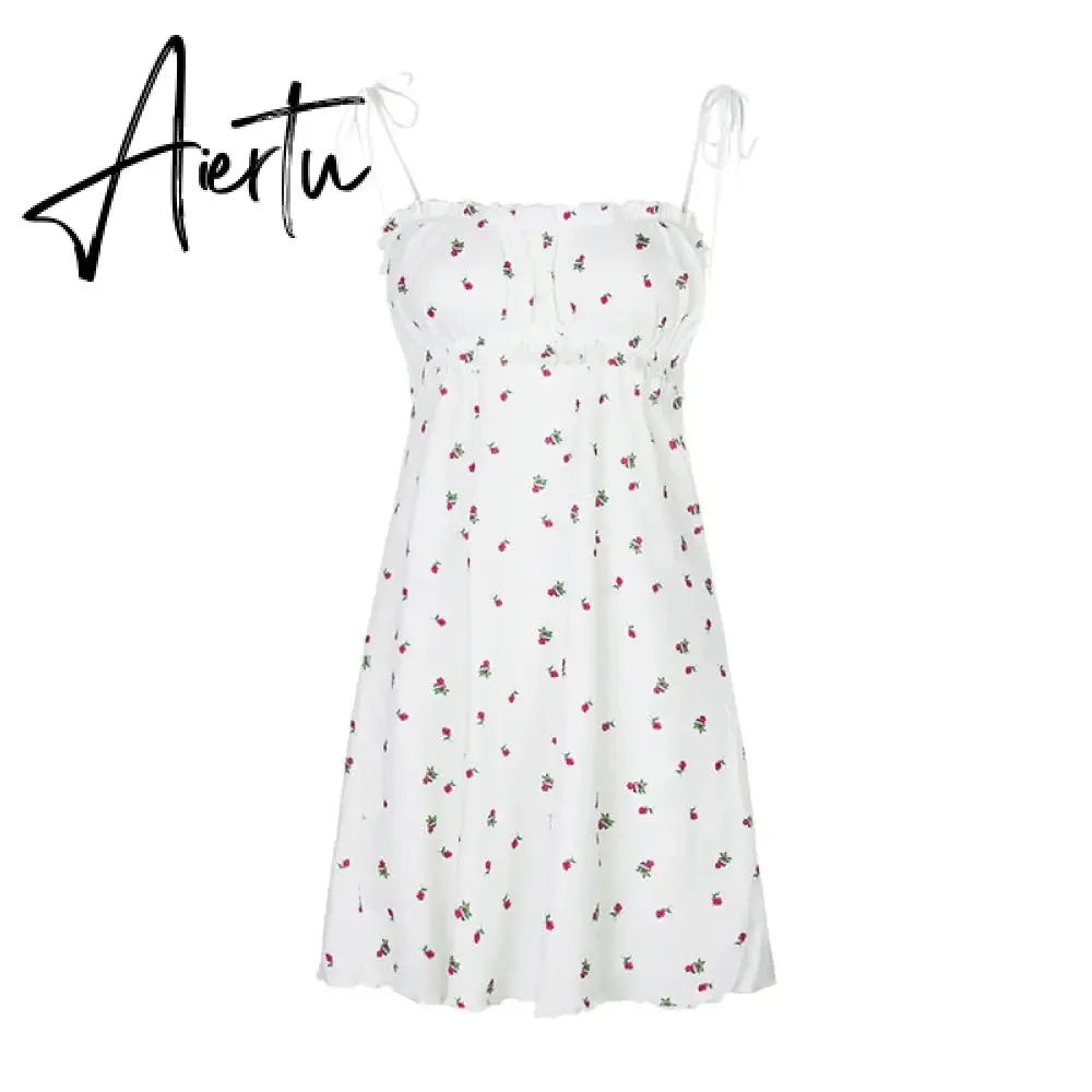 Aiertu Floral Printed Sleeveless Spaghetti Strap Dress Summer White A Line Short Dresses Ladies Ruched Tie Up Casual Dress