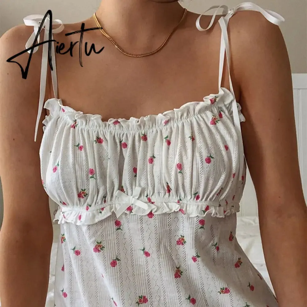 Aiertu Floral Printed Sleeveless Spaghetti Strap Dress Summer White A Line Short Dresses Ladies Ruched Tie Up Casual Dress