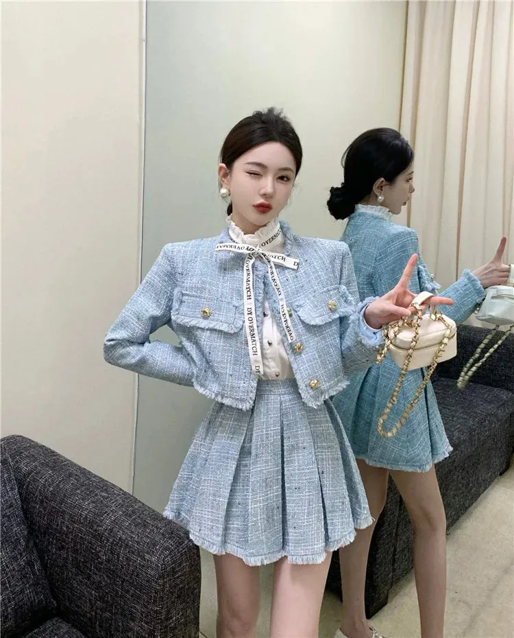 Aiertu High Quality Fashion Tassel Design Small Fragrance 2 Piece Sets Women Outfit Long Sleeve Short Jacket Coat   Pleated Skirt Suits