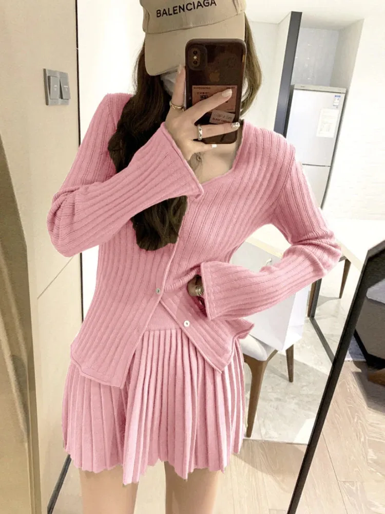 Aiertu New Fashion Casual Single Breasted Knitted Two Piece Set Women Sweater Cardigan Coat   Pleats Skirt Sets Vintage 2 Piece Suits