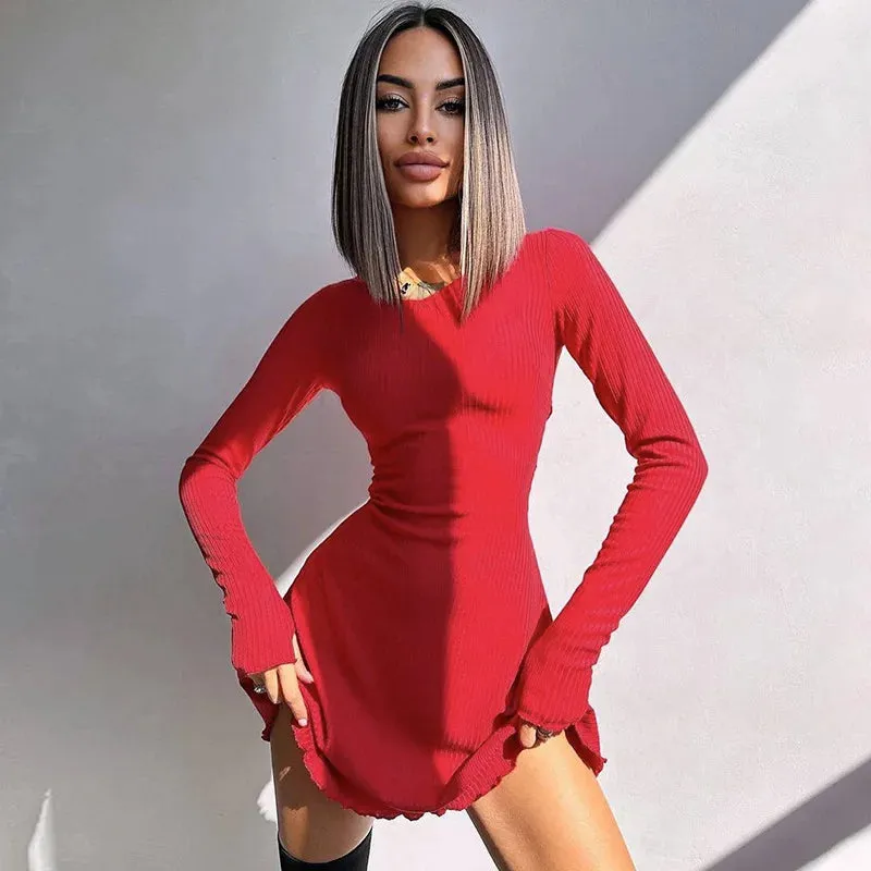 Amozae-hoco dresses -A Ribbed Long Sleeve Sexy Mini Dress For Women Autumn Winter New O Neck Bandage Lace-up Fashion Elegant Dress Vestidos