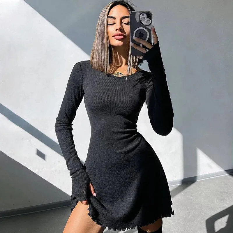 Amozae-hoco dresses -A Ribbed Long Sleeve Sexy Mini Dress For Women Autumn Winter New O Neck Bandage Lace-up Fashion Elegant Dress Vestidos