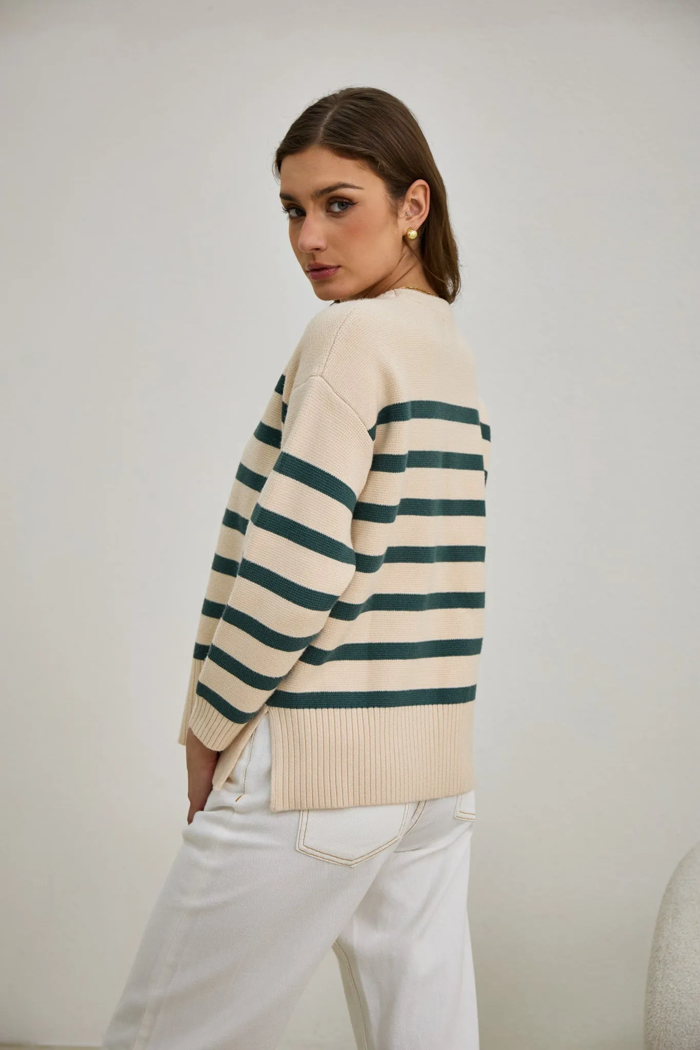 Anya Forest Green Stripe Knit Sweater