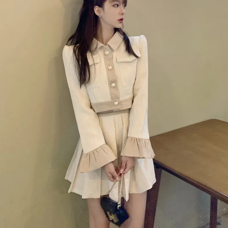 Autumn New French Vintage Two Piece Set Women Crop Top Short Jacket Coat   Pleated Skirts Sets High Street Fashion 2 Piece Suits