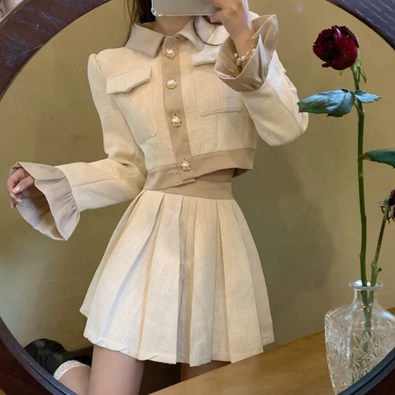 Autumn New French Vintage Two Piece Set Women Crop Top Short Jacket Coat   Pleated Skirts Sets High Street Fashion 2 Piece Suits