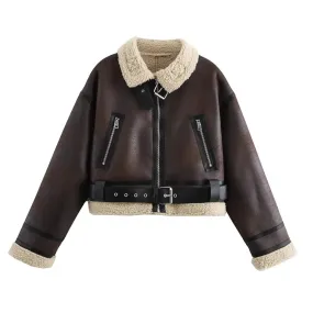 Belted Waist Shearling Lined Aviator Jacket