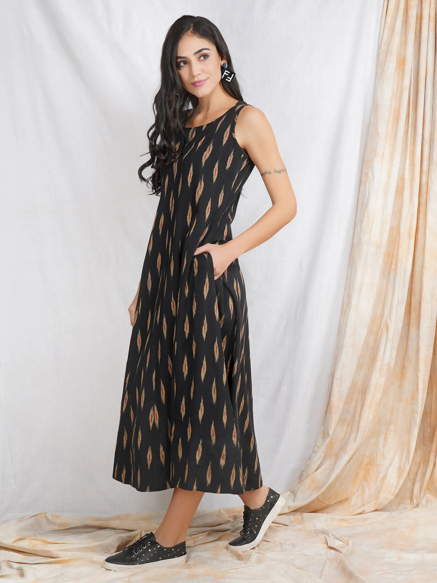 Black Ikat Cotton 'Reeva' Maxi Dress