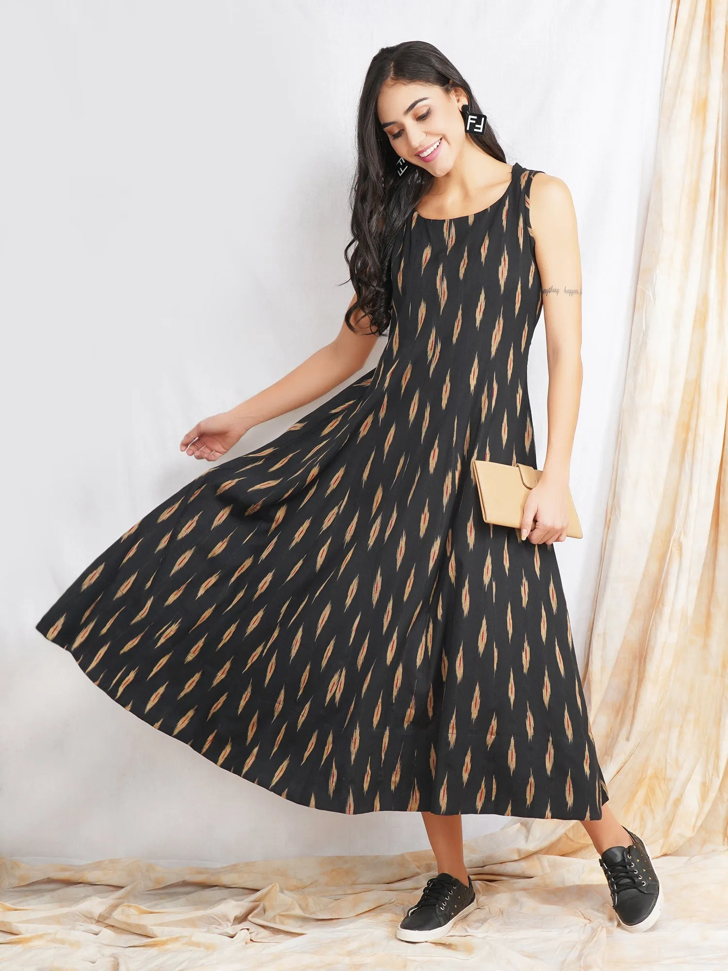 Black Ikat Cotton 'Reeva' Maxi Dress