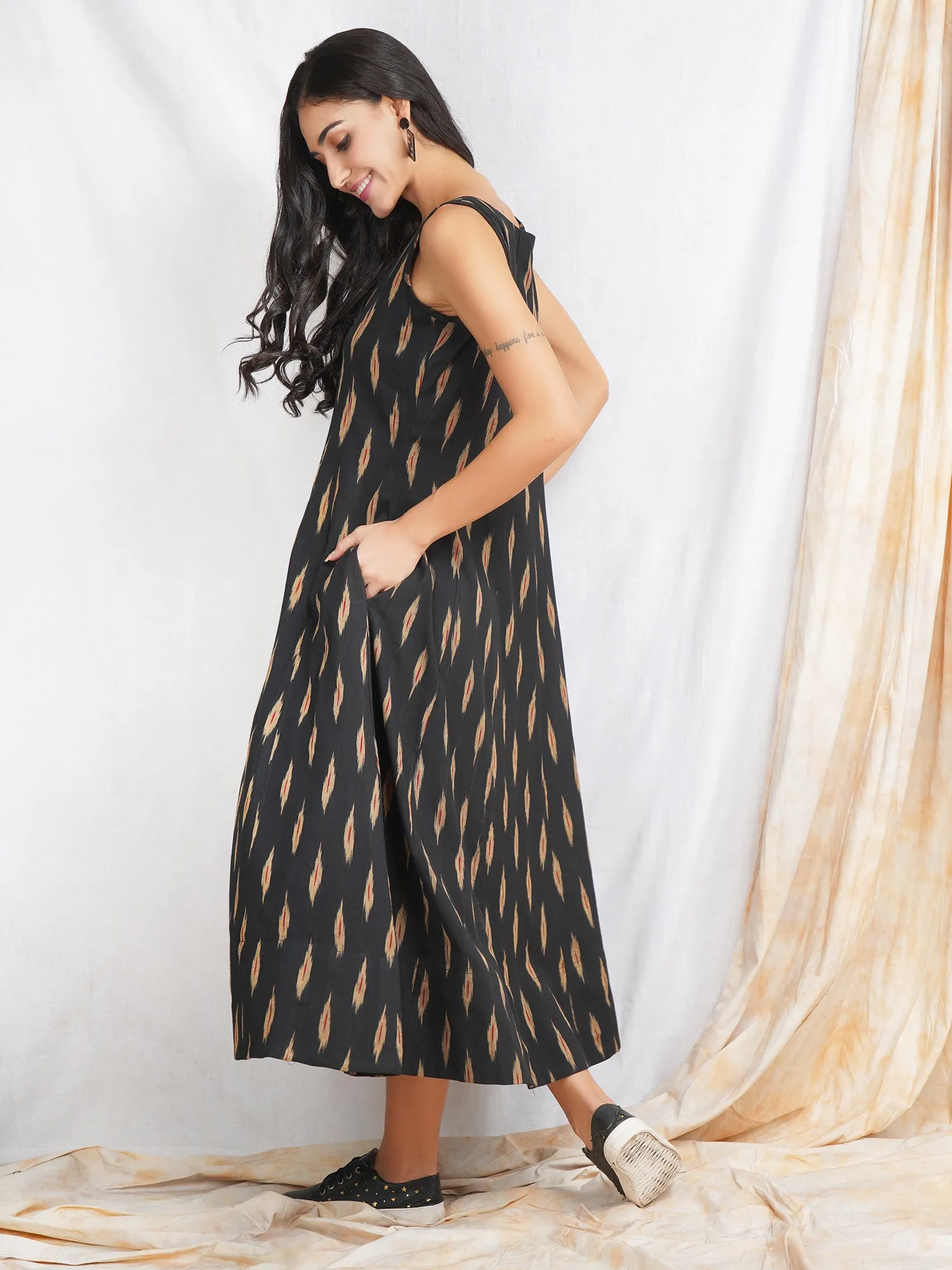 Black Ikat Cotton 'Reeva' Maxi Dress