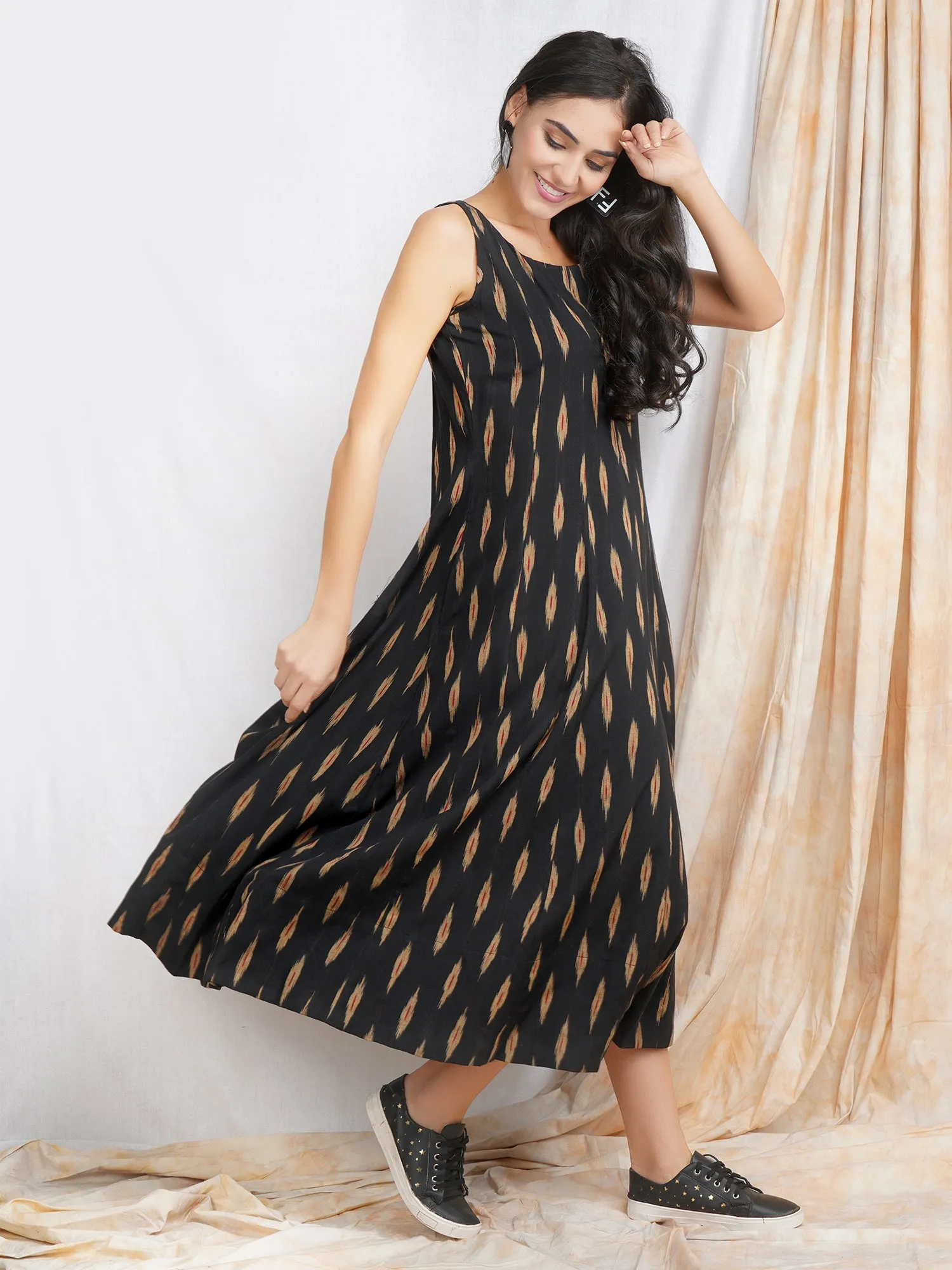 Black Ikat Cotton 'Reeva' Maxi Dress