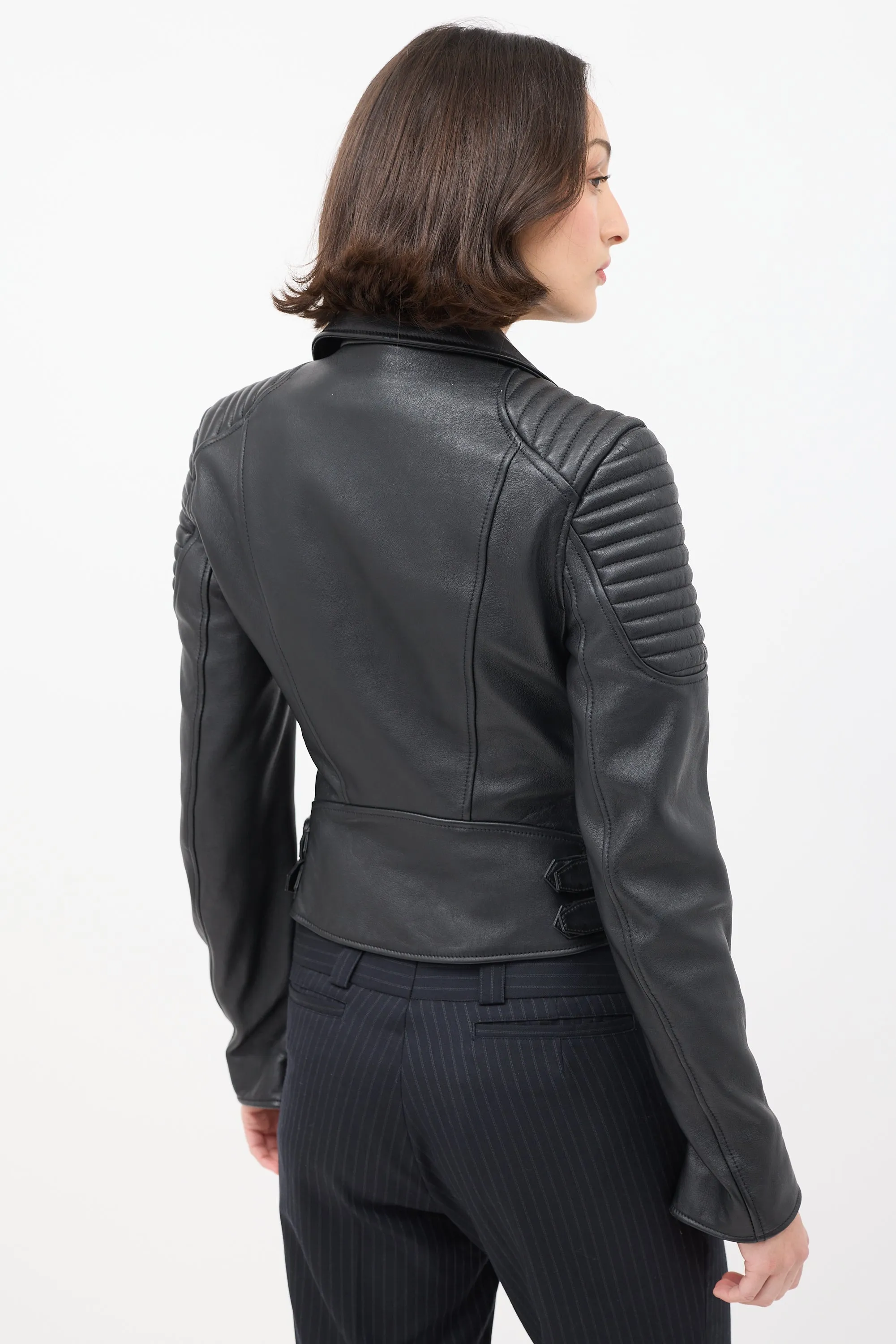 Black Leather Quilted Shoulder Moto Jacket