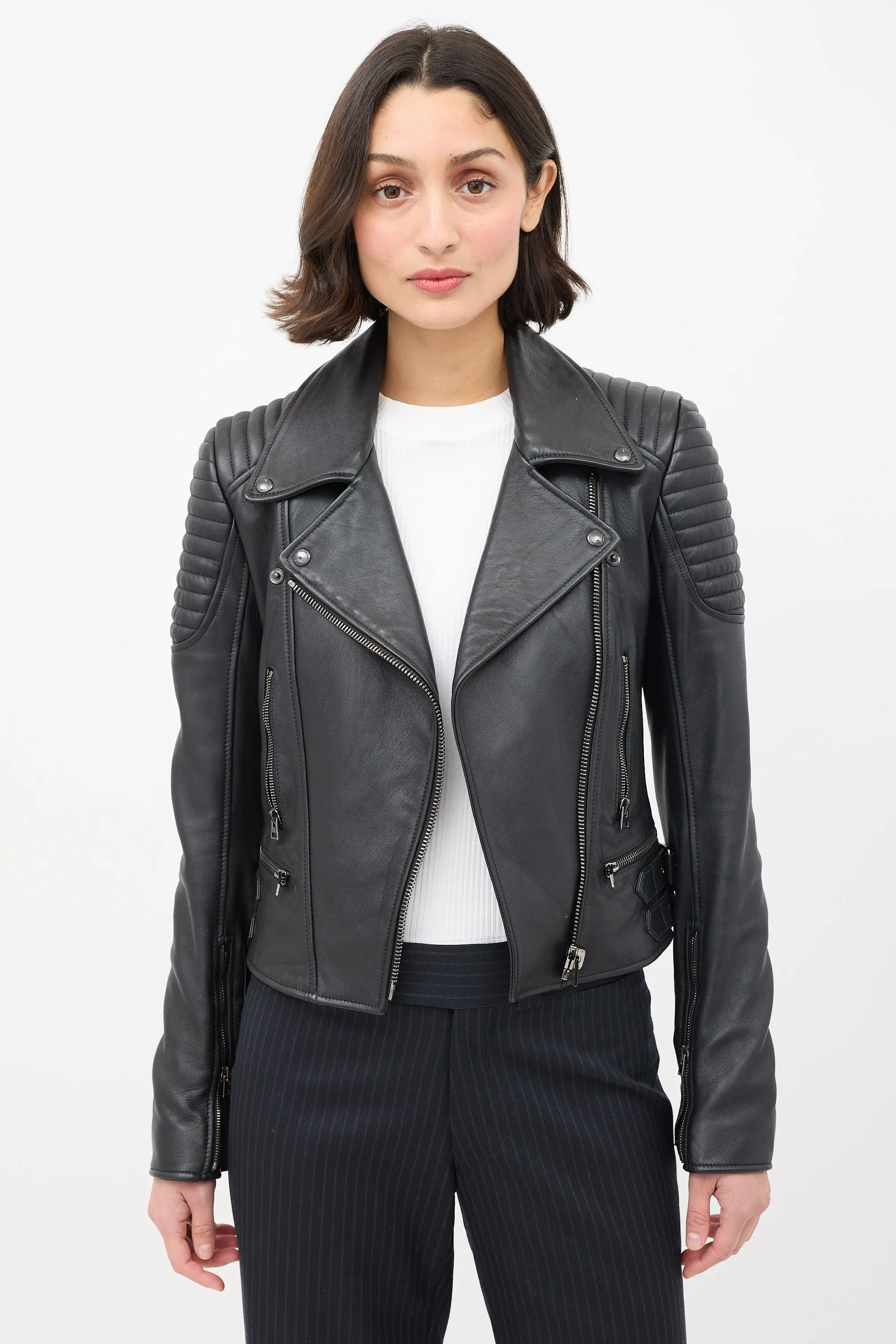 Black Leather Quilted Shoulder Moto Jacket