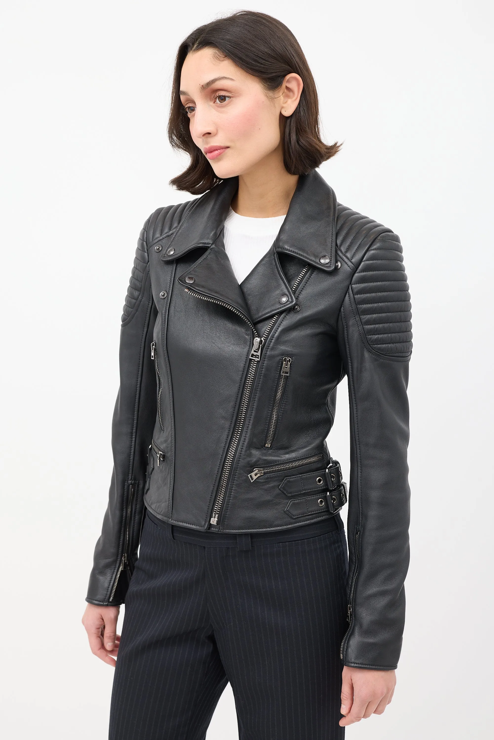 Black Leather Quilted Shoulder Moto Jacket