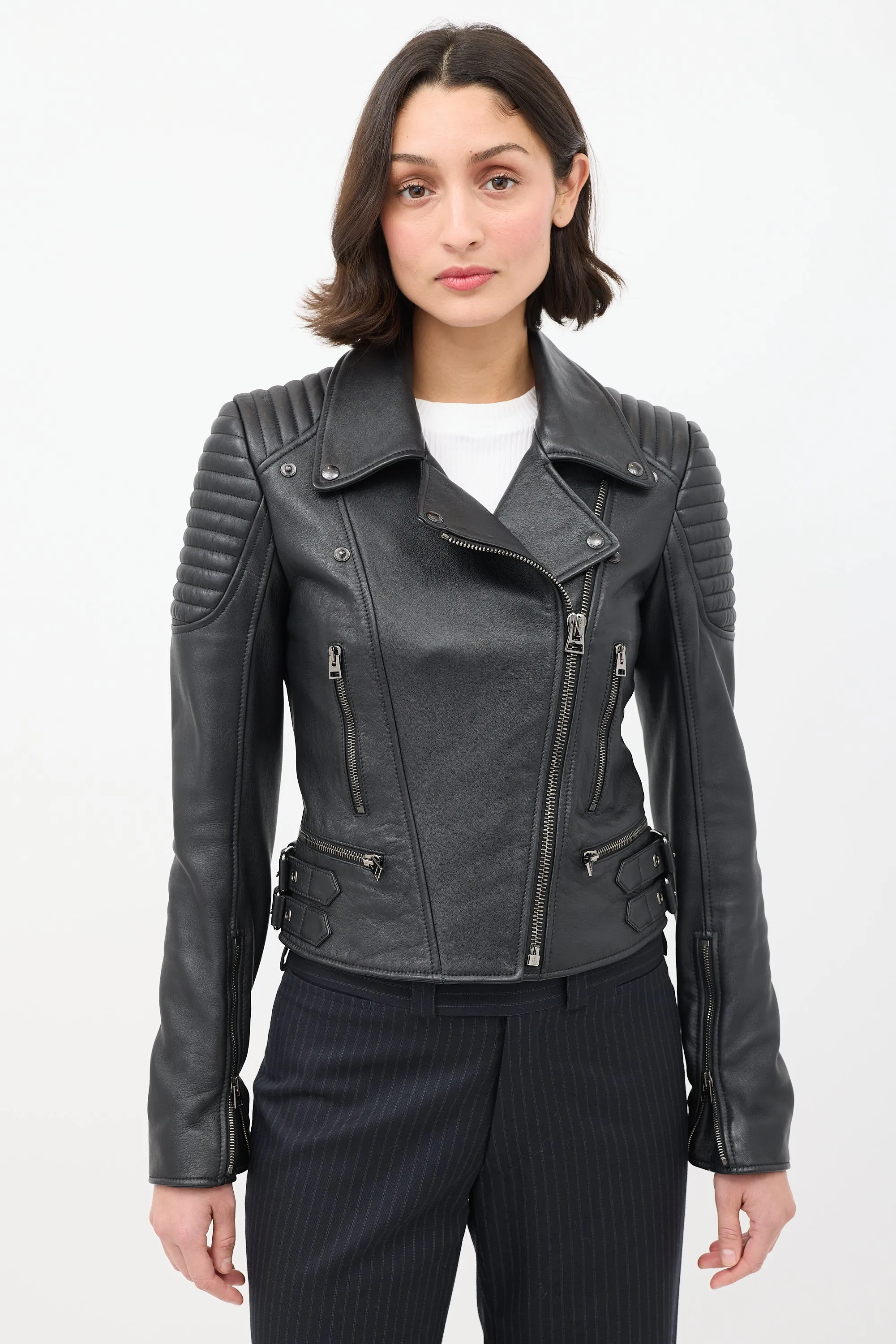 Black Leather Quilted Shoulder Moto Jacket