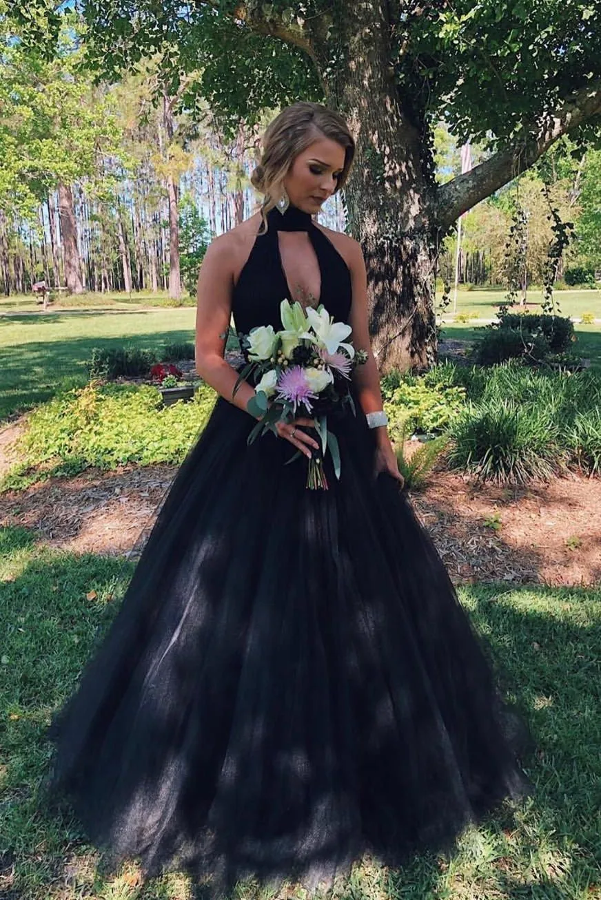 Black Open Front A-Line Tulle Halter Backless Prom Dress, PD2306260