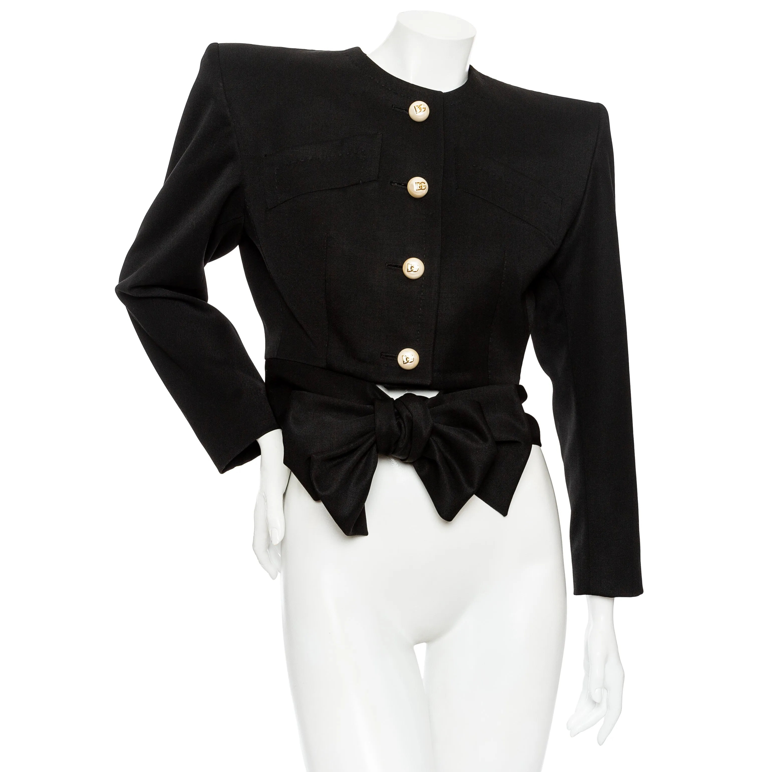 Black Wool Structured Tie-Waist Blazer