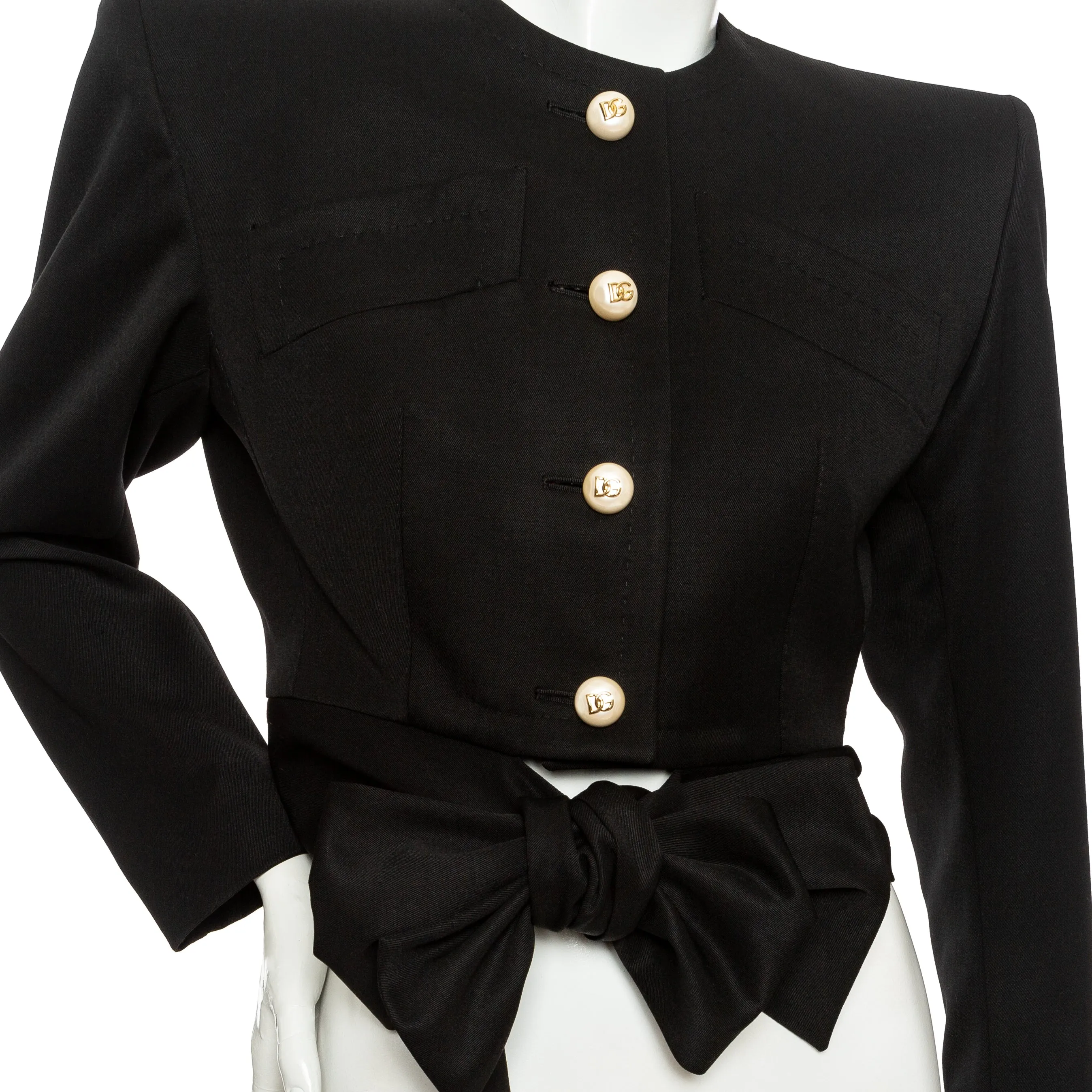 Black Wool Structured Tie-Waist Blazer