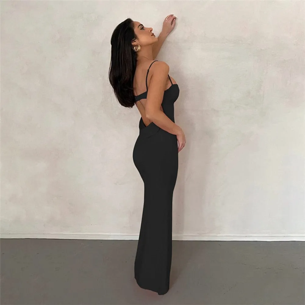 Blue Slim Maxi Dress Women Sexy Backless Evening Party Dress 2023 Summer Fashion Strap Hollow Out Long Club Outfits Sleeveless